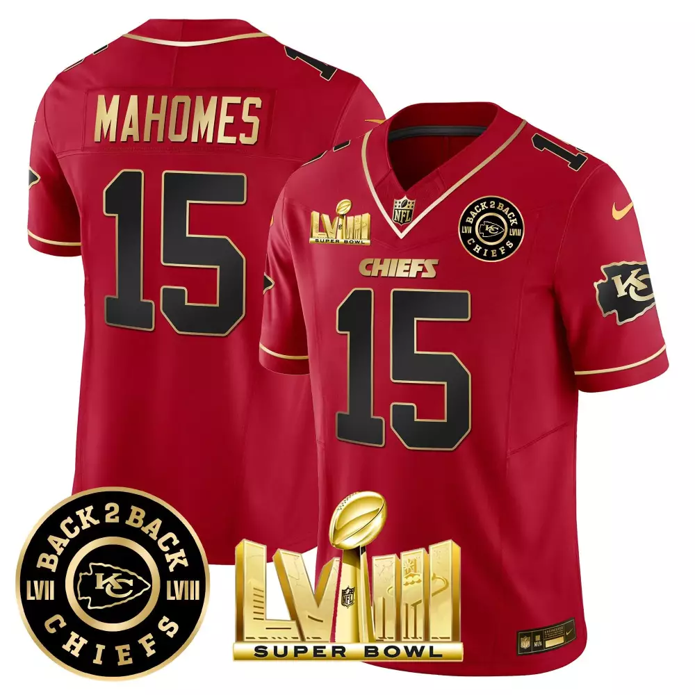 Patrick Mahomes 15 Chiefs Jersey Red Super Bowl Lvii Champions 2022 Men Player Gold