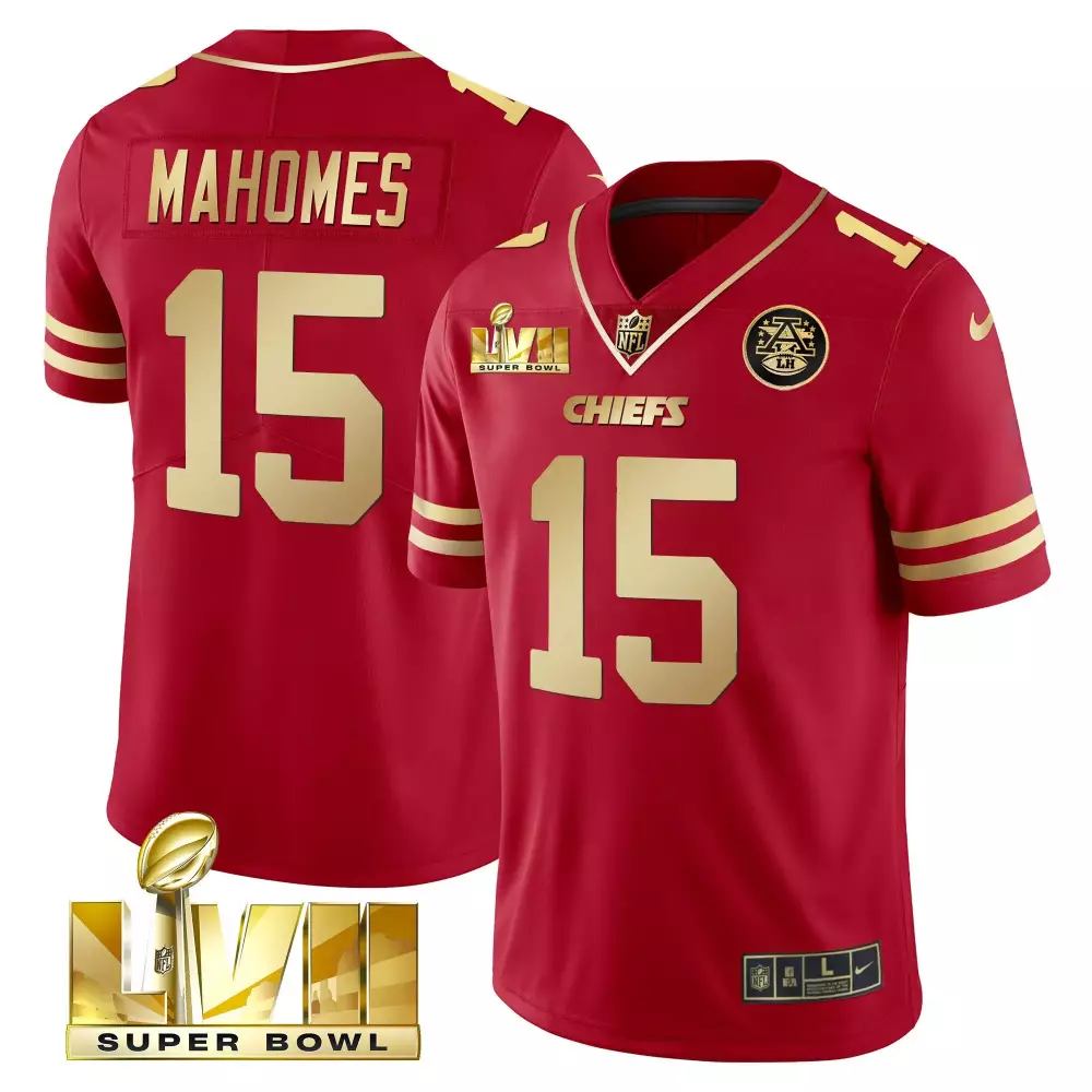 Patrick Mahomes 15 Chiefs Jersey Red Super Bowl Lvii Men Gold Vapor All Stitched