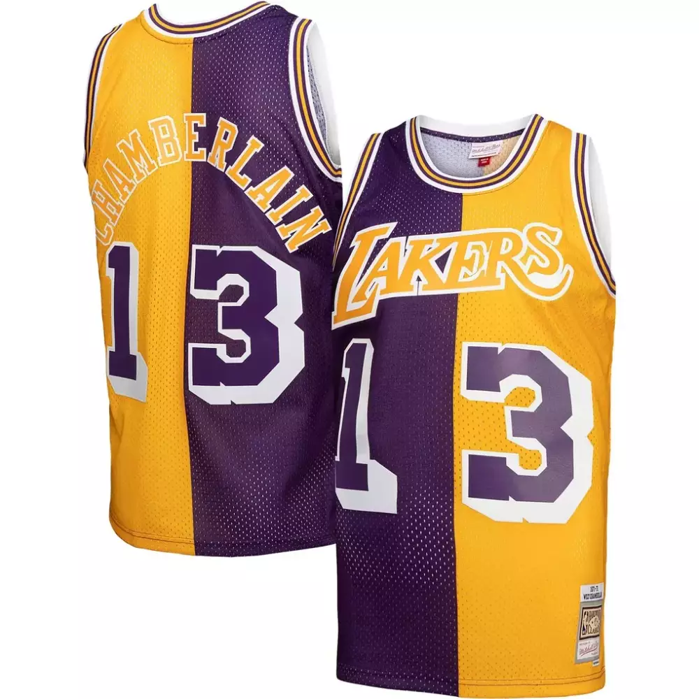 Wilt Chamberlain 13 Lakers Jersey Purple Men Split Yellow Hardwood Classics Swingman