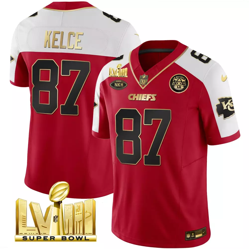 Travis Kelce 87 Chiefs Jersey Red Super Bowl Lviii Nkh Men White Black Gold Alternate