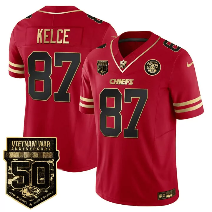 Travis Kelce 87 Chiefs Jersey Red Vietnam War Anniversary 50 Men Gold Black Vapor