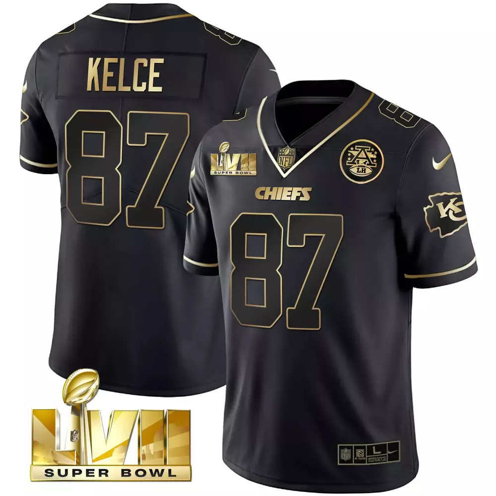 Travis Kelce 87 Chiefs Jersey Black Super Bowl Lvii Men Player Gold Vapor All Stitched