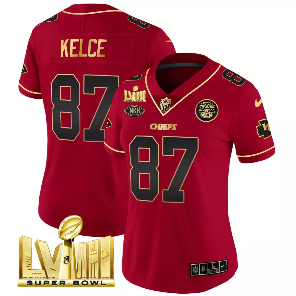 Travis Kelce 87 Chiefs Jersey Red Super Bowl Lviii Men Player Black Gold Vapor v2