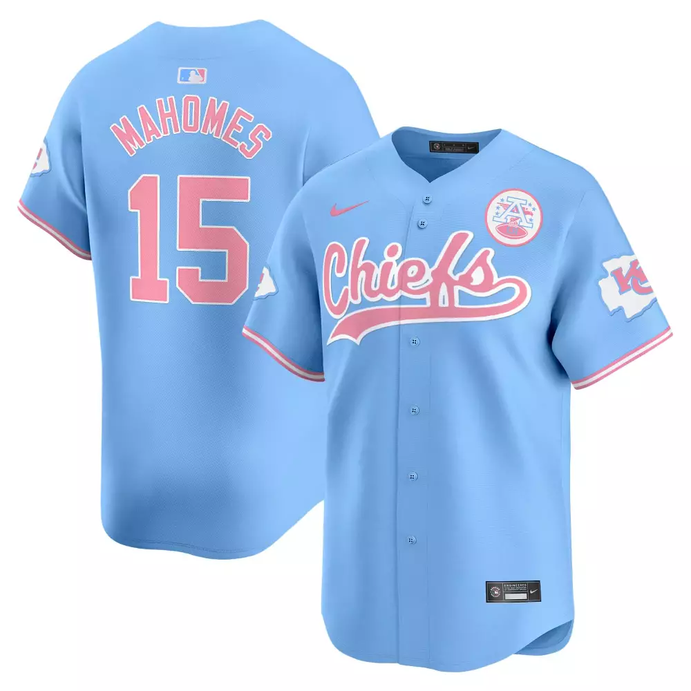 Patrick Mahomes 15 Chiefs Jersey Light Blue Men Alternate Pink White All Stitched