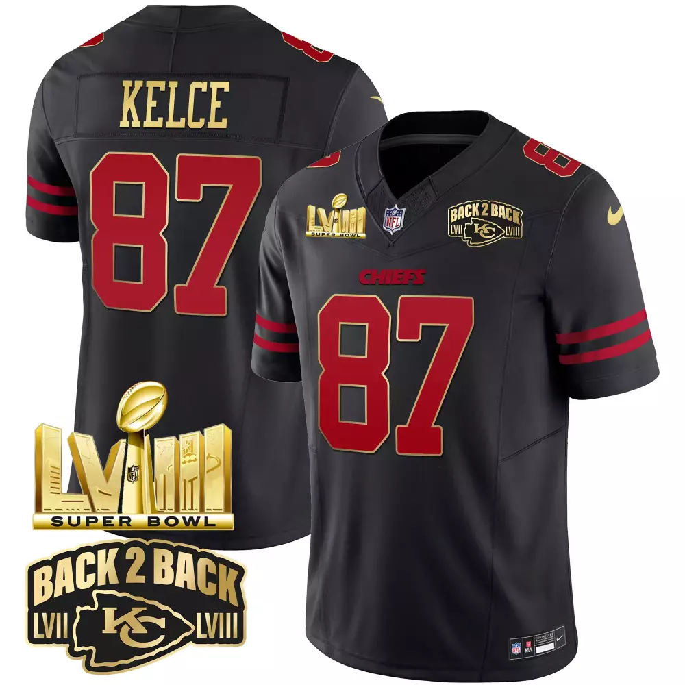 Travis Kelce 87 Chiefs Jersey Black Back 2 Lvii Super Bowl Lviii Men Red Gold Vapor
