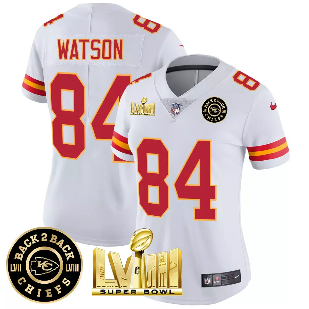 Watson Lvii 84 Chiefs Jersey White Super Bowl Lviii Champions 2023 Women Red Yellow