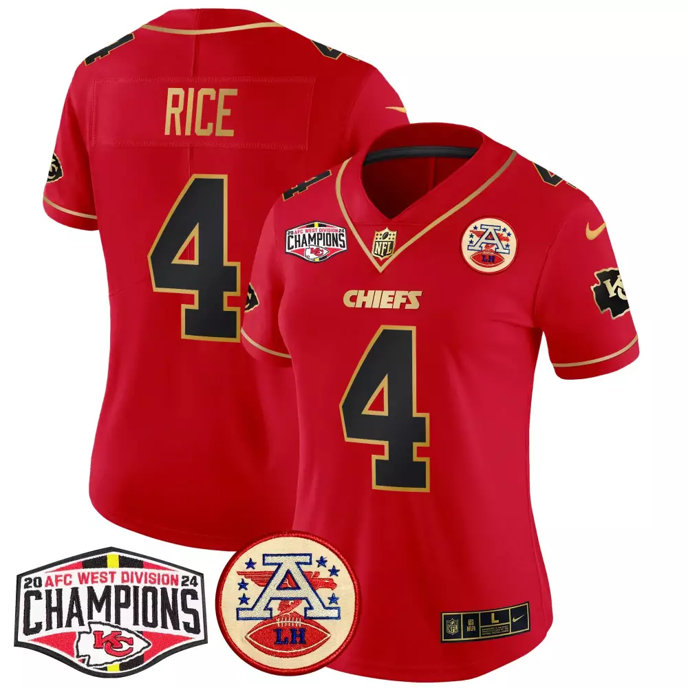 Rashee Rice 4 Chiefs Jersey Red AFC West Division Champions 2023 Men Player Gold