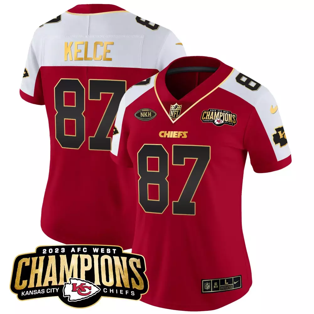 Travis Kelce 87 Jersey Red 2023 AFC West Champions Kansas City Chiefs Nkh Men White