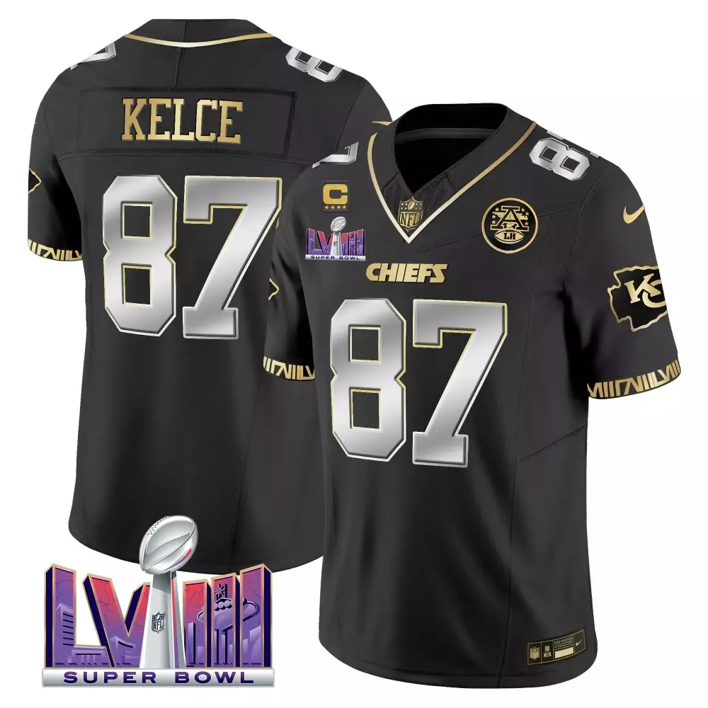 Travis Kelce 87 Chiefs Jersey Black Super Bowl Lviii Men Gold Silver Limited Vapor