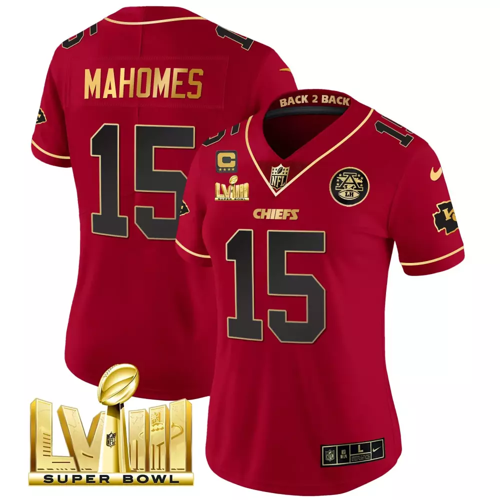 Patrick Mahomes 15 Chiefs Jersey Red Super Bowl Lviii Champions Men Player Gold Black