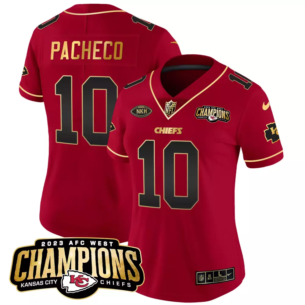 Isiah Pacheco 10 Chiefs Jersey Red 2023 AFC West Champions Men Player Gold Black