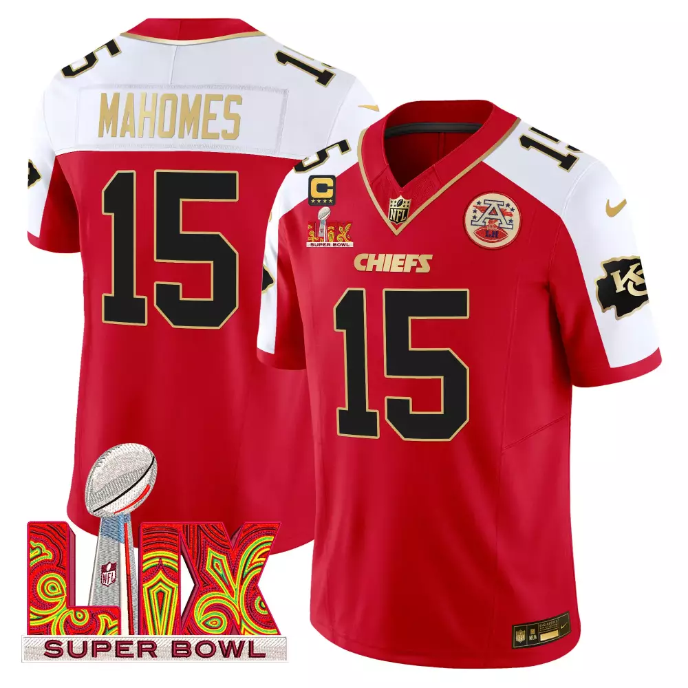 Patrick Mahomes 15 Chiefs Jersey Red Super Bowl Lix 2023 Men White Gold Alternate