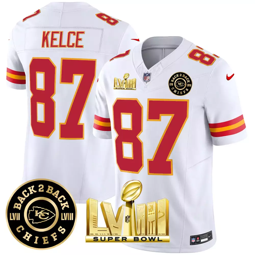 Travis Kelce 87 Jersey White Super Bowl Lviii Champions Kansas City Chiefs Lvii Men