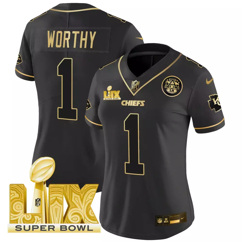 Xavier Worthy 1 Chiefs Jersey Black Super Bowl Lviii Player Gold Vapor Limited All