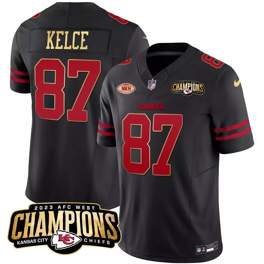 Travis Kelce 87 Jersey Black 2023 AFC West Champions Kansas City Chiefs Men NFL Red
