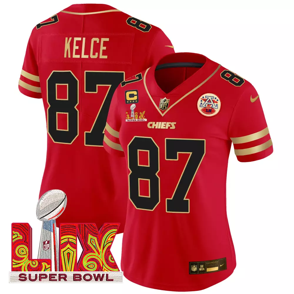 Travis Kelce 87 Jersey Red Super Bowl Lix Kansas City Chiefs Champions Men Gold Black