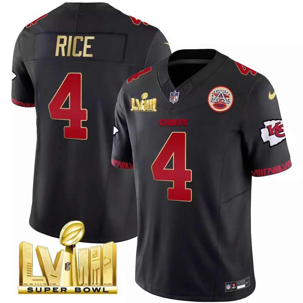 Rashee Rice 4 Chiefs Jersey Black Super Bowl Lviii 2023 Men Replica Red Gold Vapor
