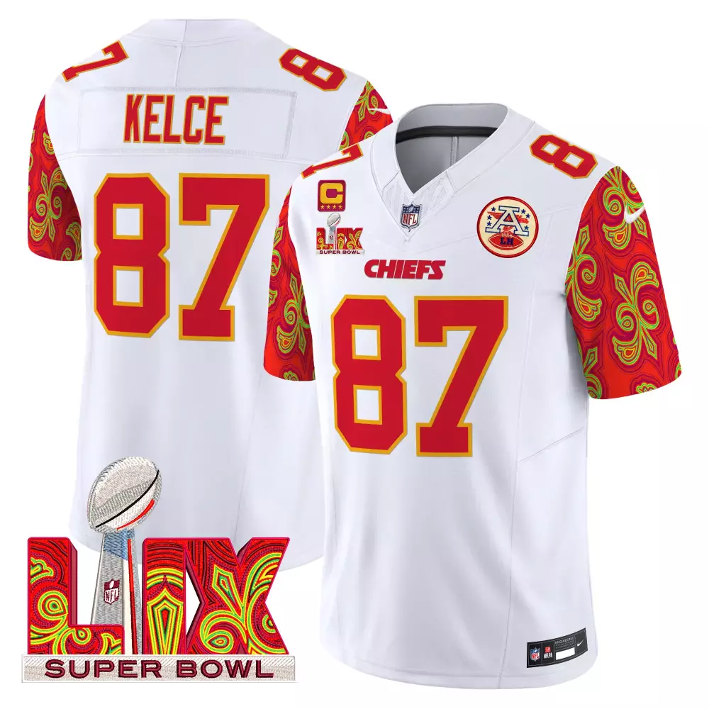 Travis Kelce 87 Chiefs Jersey White Super Bowl Lix Men NFL Custom Design Red Yellow