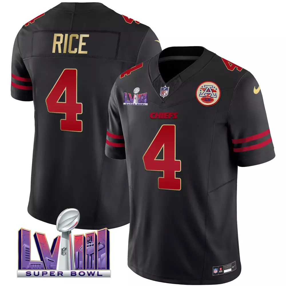 Rashee Rice 4 Chiefs Jersey Black Super Bowl Lviii Men Red Gold Vapor All Stitched