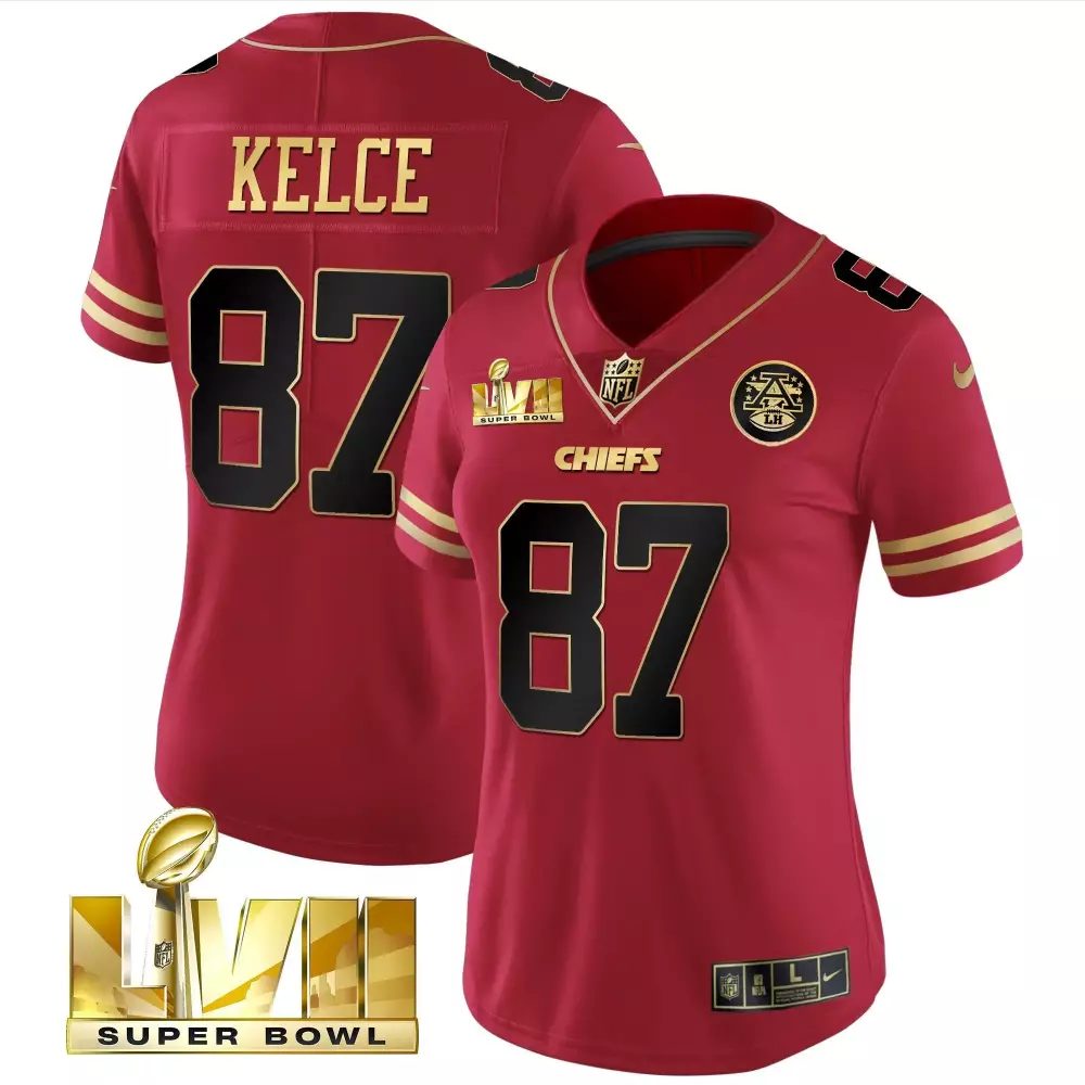 Travis Kelce 87 Chiefs Jersey Red Super Bowl Lvii Men Game Gold Black Vapor All Stitched