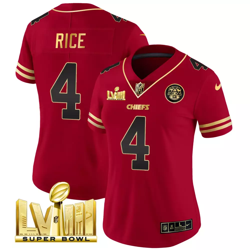 Rashee Rice 4 Chiefs Jersey Red Super Bowl Lviii Men NFL Gold Black Vapor All Stitched