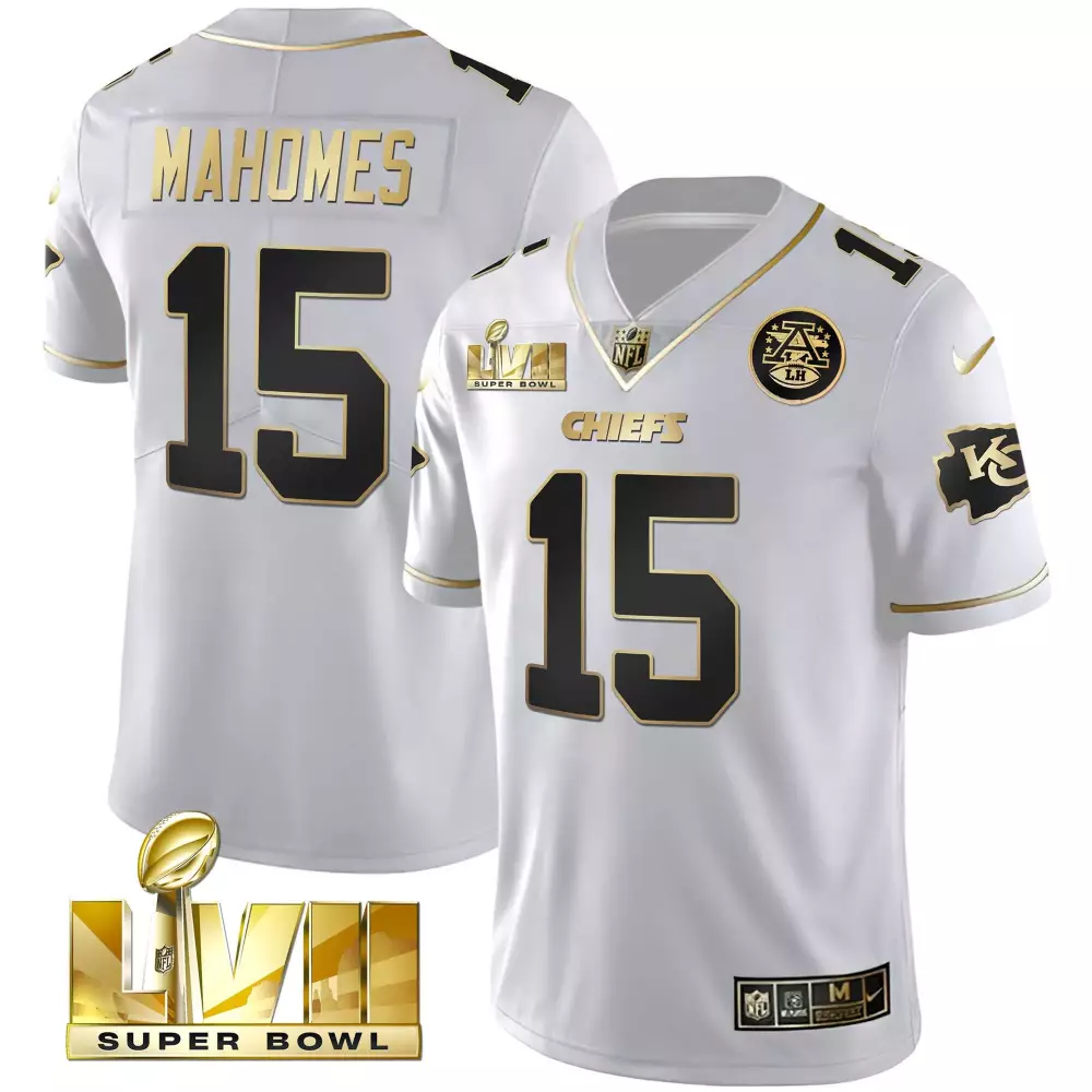 Patrick Mahomes 15 Chiefs Jersey White Super Bowl Lvii Men Black Gold Vapor v2 All