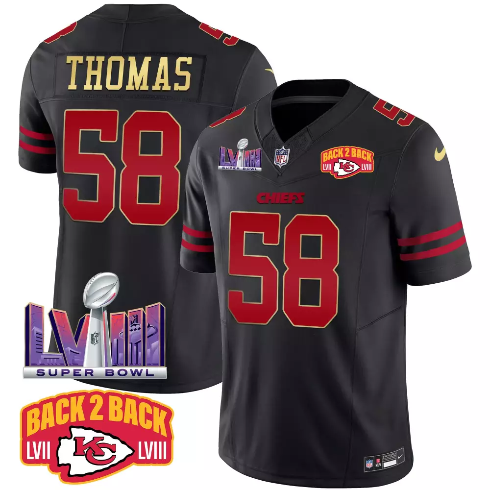 R Mason 58 Chiefs Jersey Black Super Bowl Lviii Champions 2023 Men Red Gold All Stitched