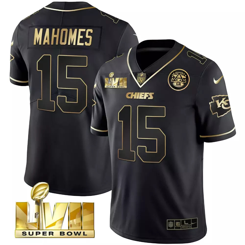 Patrick Mahomes 15 Chiefs Jersey Black Super Bowl Lvii Men Gold Vapor All Stitched