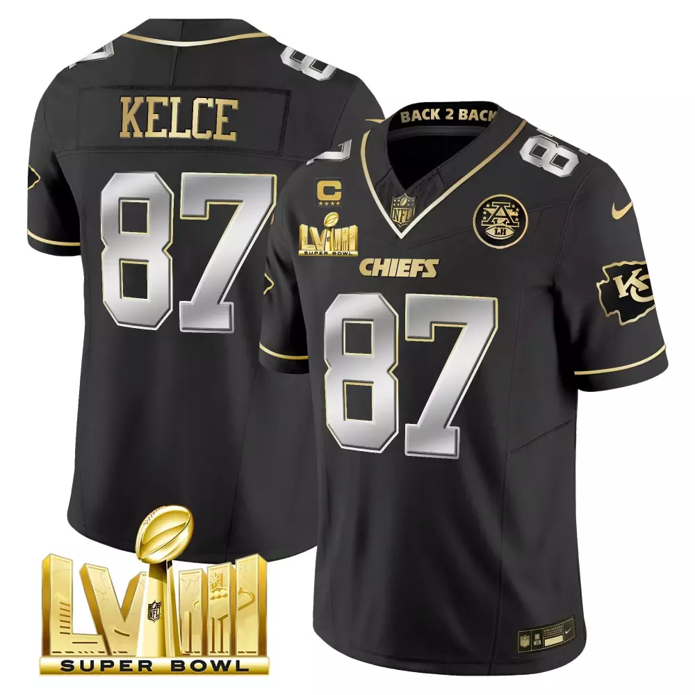 Travis Kelce 87 Chiefs Jersey Black Super Bowl Lviii Lvii Champions Men Gold Silver
