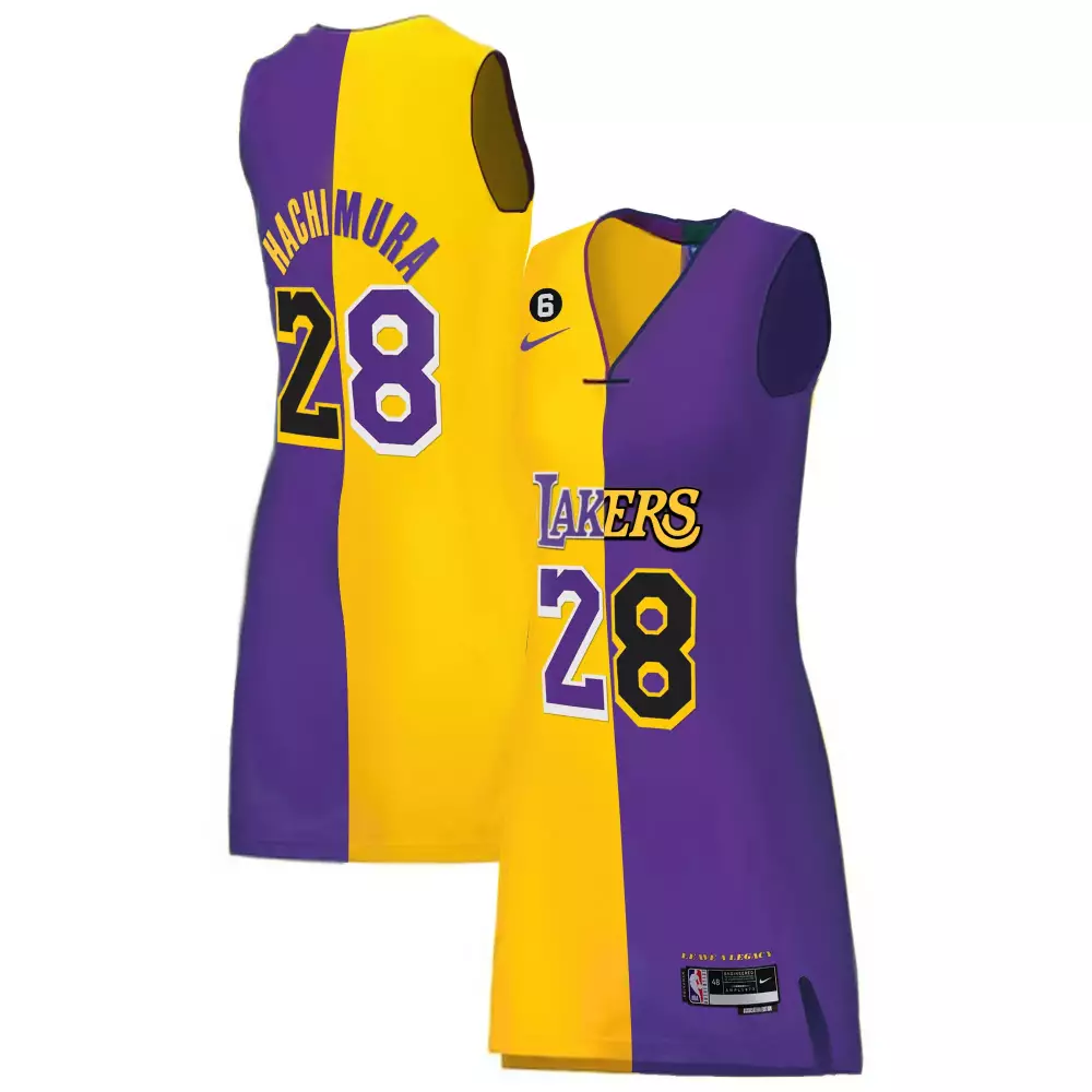 Rui Hachimura 28 Lakers Jersey Purple Men Split Design Yellow All Stitched Vapor
