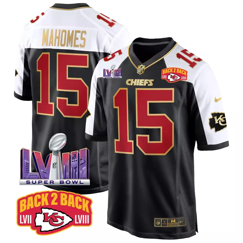 Patrick Mahomes 15 Chiefs Jersey Black Super Bowl Lvii & Lviii Champions Men Standard