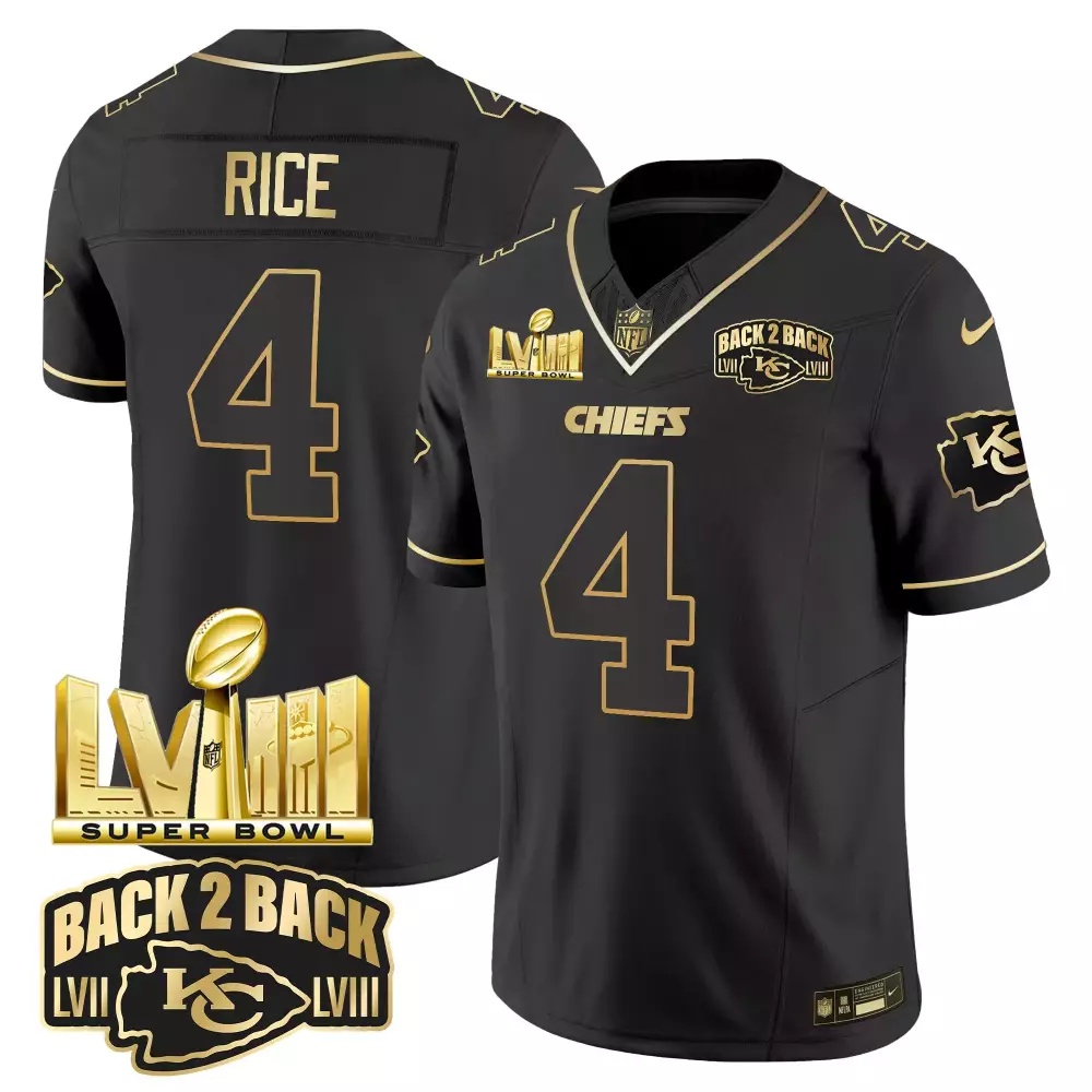 Rashee Rice 4 Chiefs Jersey Black Super Bowl Lviii Champions Men Player Gold Stitched
