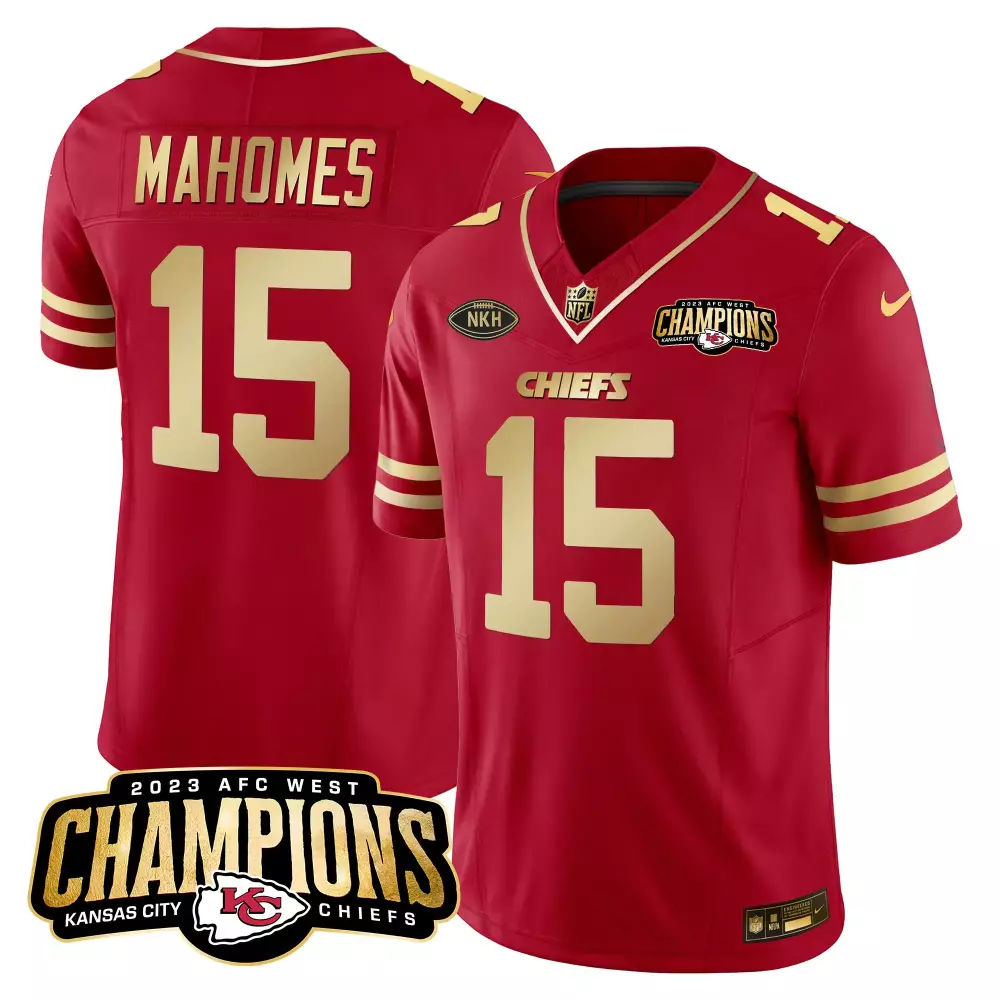 Patrick Mahomes 15 Jersey Red 2023 AFC West Champions Kansas City Chiefs Men Gold