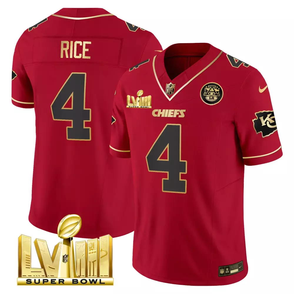 Rashee Rice 4 Chiefs Jersey Red Super Bowl Lviii 2023 Men Gold Black Vapor v4 All