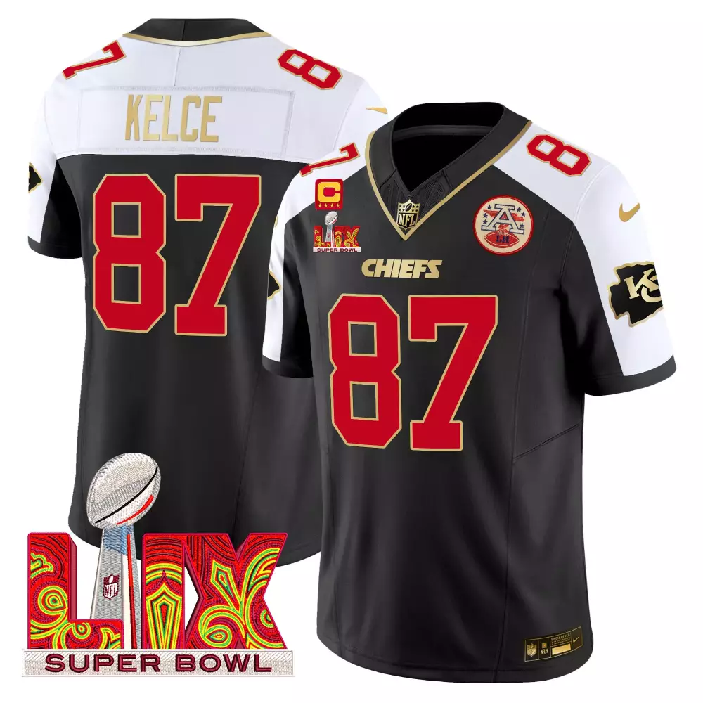 Travis Kelce 87 Chiefs Jersey Black Super Bowl Lix Men White Red Gold Alternate Vapor