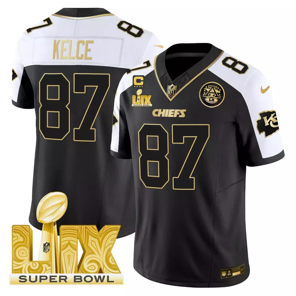 Travis Kelce 87 Chiefs Jersey Black Super Bowl Lix Men White Gold Alternate Vapor