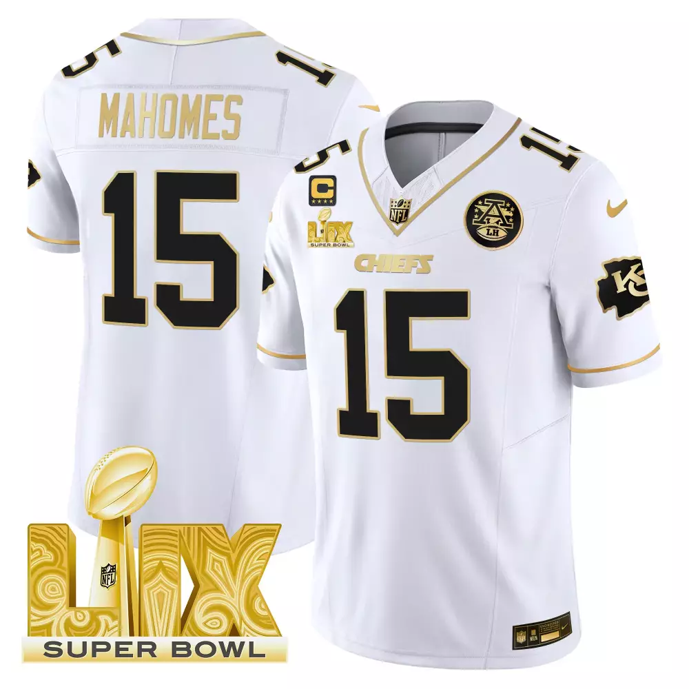 Patrick Mahomes 15 Chiefs Jersey White Super Bowl Lix Men Player Black Gold Vapor