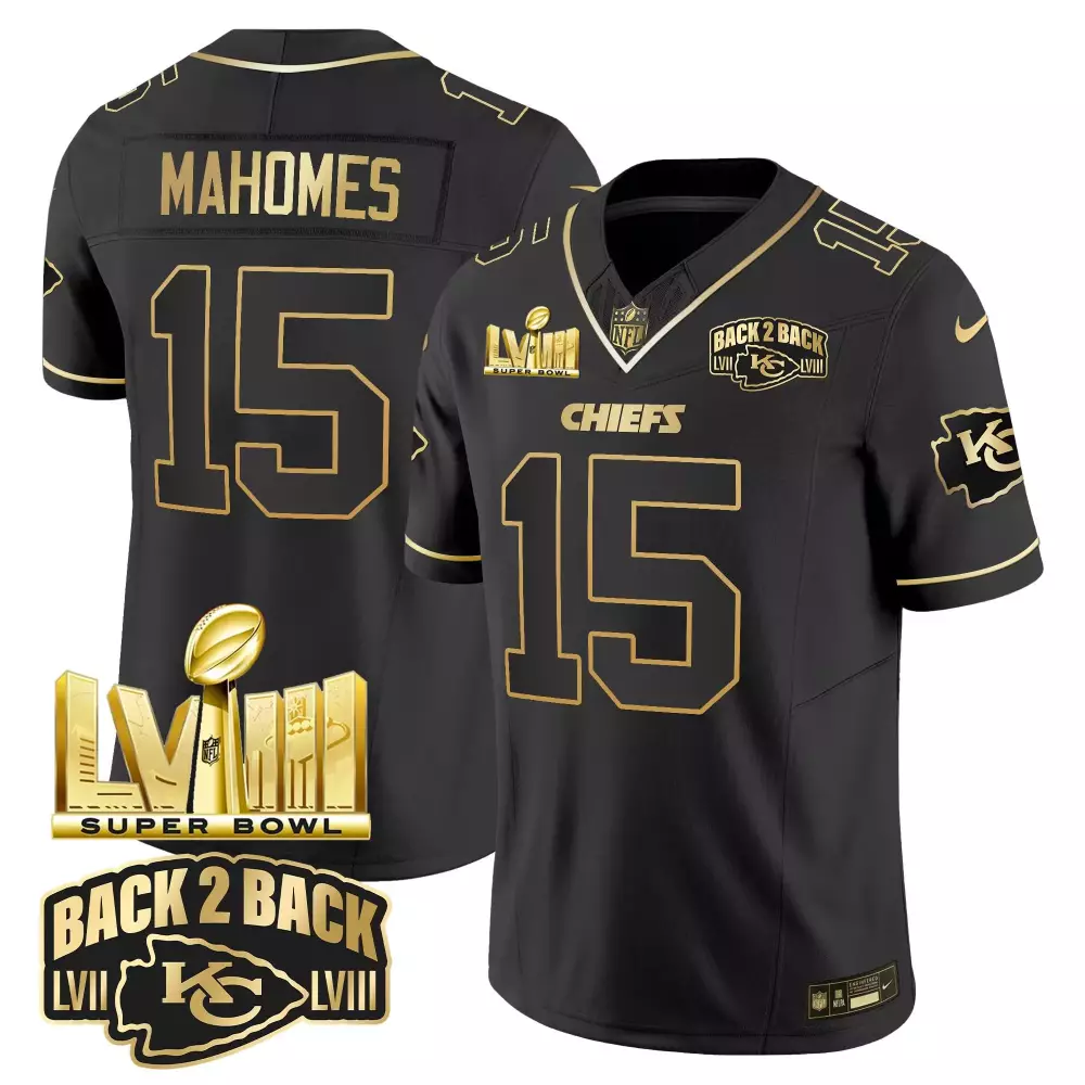 Patrick Mahomes 15 Chiefs Jersey Black Super Bowl Lviii Lvii Men Player Gold Vapor