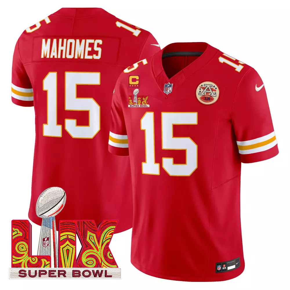 Patrick Mahomes 15 Jersey Red Super Bowl Lix Kansas City Chiefs Men White Yellow