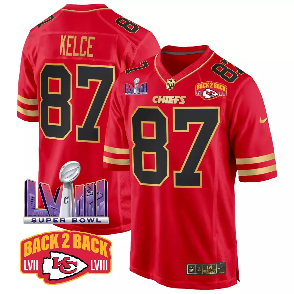 Travis Kelce 87 Chiefs Jersey Red Back 2 Super Bowl Lvii Lviii Men Player Black Gold