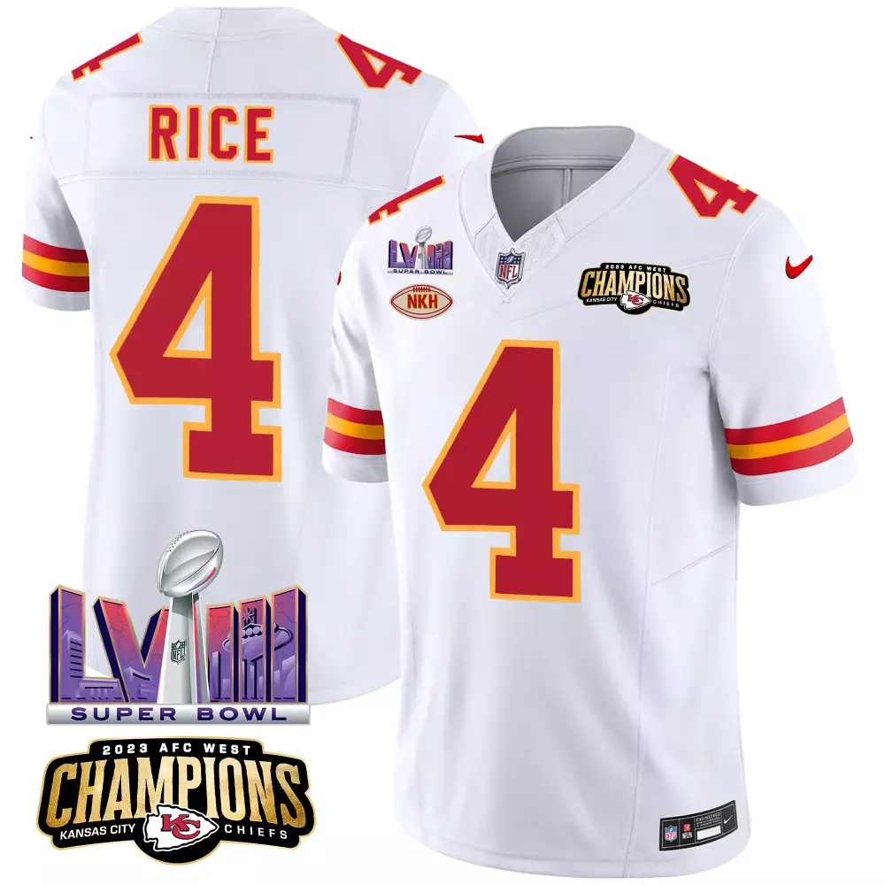 Rashee Rice 4 Kansas City Chiefs Jersey White Super Bowl Champions Lvii AFC West 2023