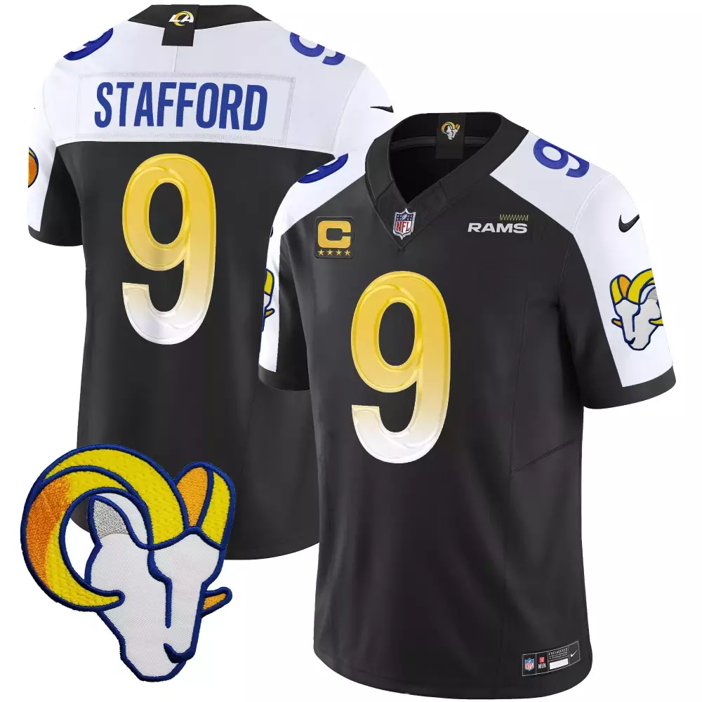 Matthew Stafford 9 Rams Jersey Black Men Alternate Split Design White Yellow Blue