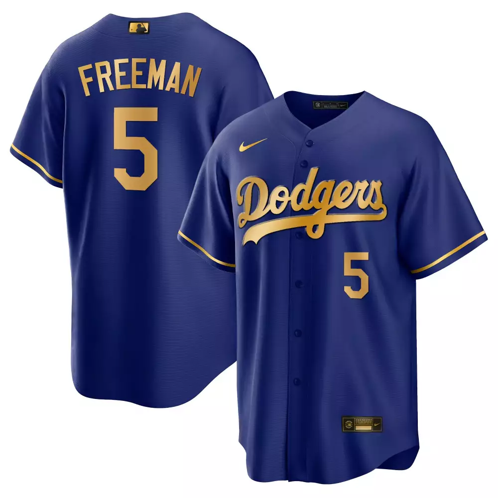 Freddie Freeman 5 Dodgers Jersey Blue Men Gold Cool Base All Stitched