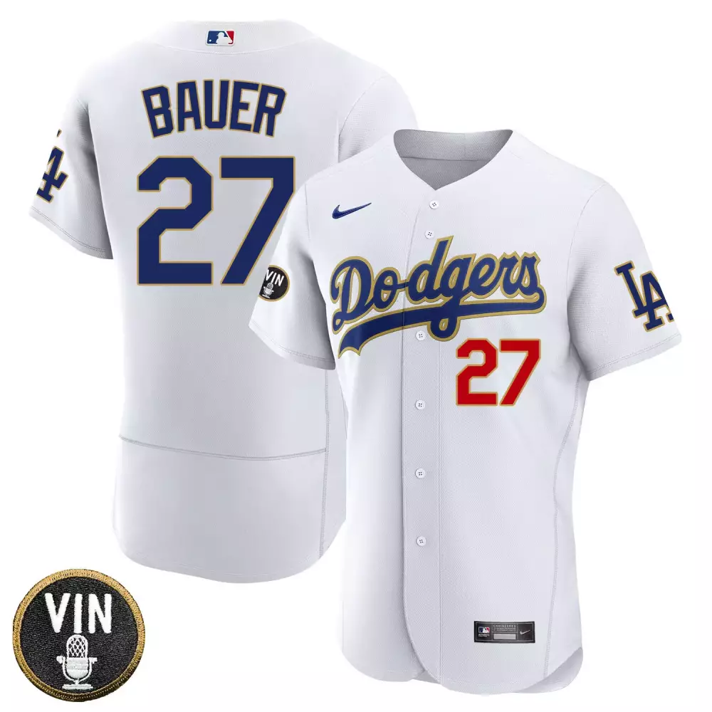 Trevor Bauer 27 Dodgers Jersey White Vin Men Blue Red Gold All Stitched Vapor