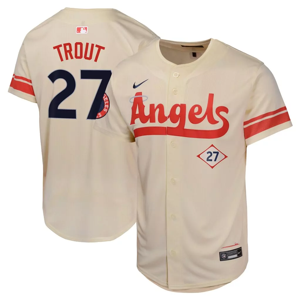 Mike Trout 27 Angels Jersey Cream Men Red Navy Limited