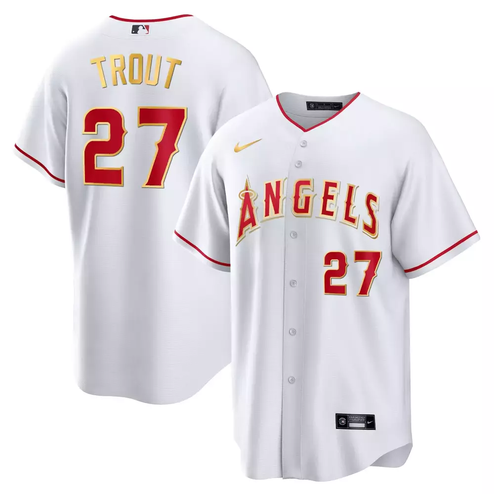 Mike Trout 27 Angels Jersey White Men Red Gold Stitched