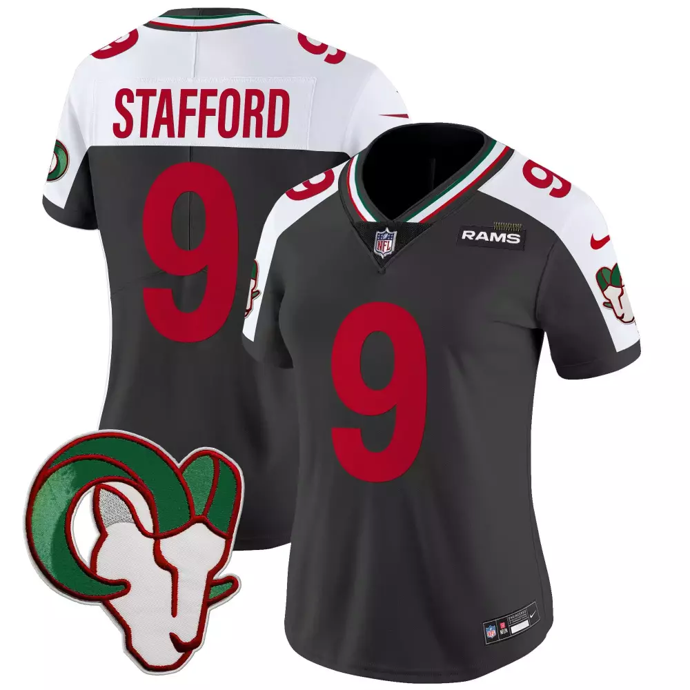 Matthew Stafford 9 Rams Jersey Black Men Split Design Red White Green Alternate Vapor