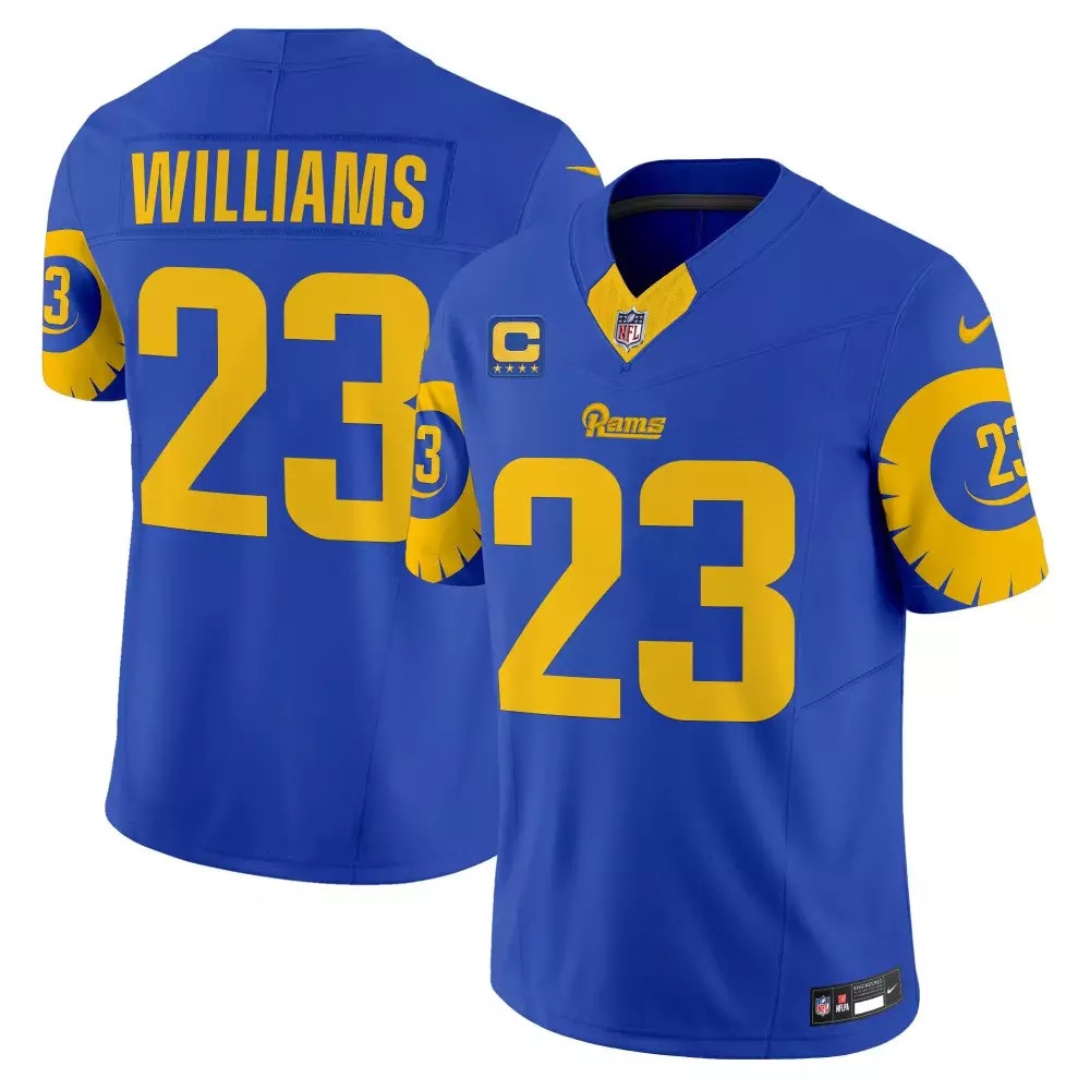 Kyren Williams 23 Rams Jersey Royal Blue Captains Men Replica Yellow Vapor Limited