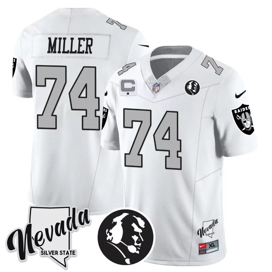 Kolton Miller 74 Jersey White Nevada Silver State Las Vegas Raiders Captain Men Alternate