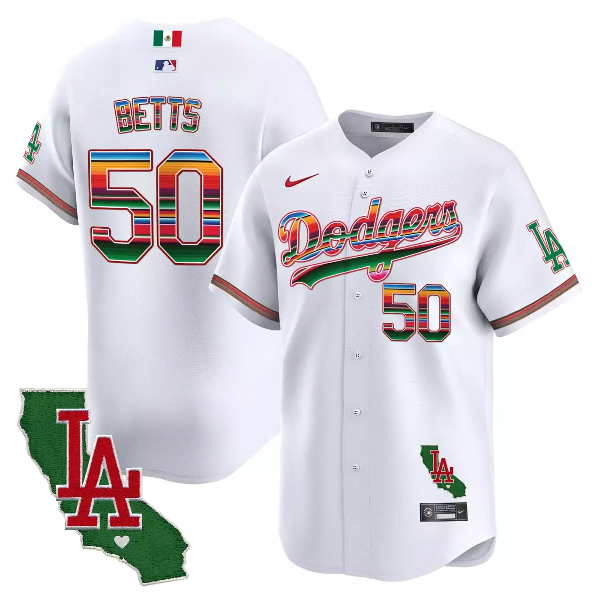 Betts Mexico 50 Dodgers Jersey White Cinco De Mayo California Shape LA Flag Men Mexican Blanket Pattern